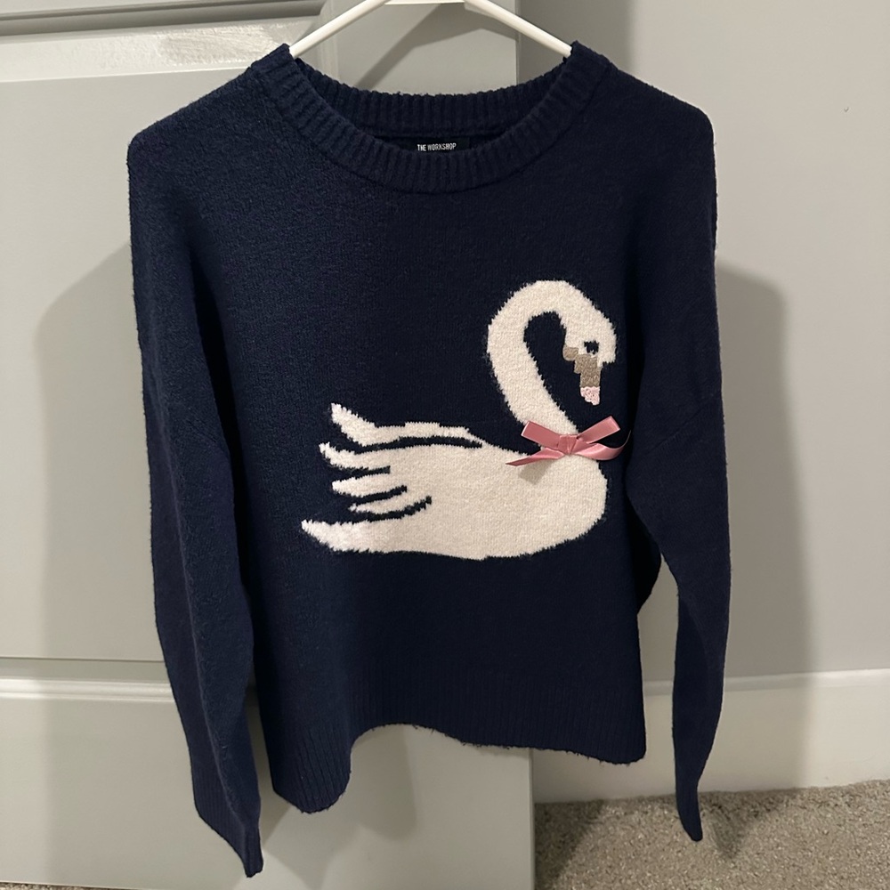 The Workshop Navy Sweater with White Swan and Pink Bow Accent